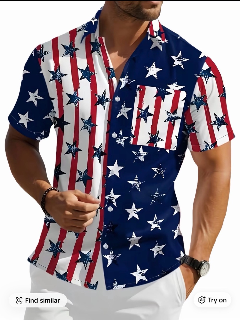 Patriotic Short-Sleeve Button-Up Shirt - Blue/Red/White